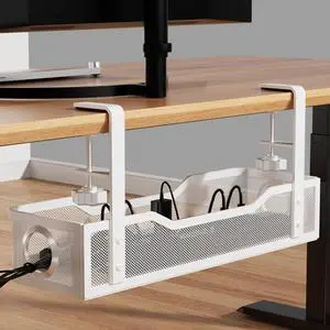 [Upgraded] Under Desk Cable Management Large,16" Cable Management Box for Table Thickness up to 3", Wire Cord Organizer with Clamp No Drill, No Damage to Desk (White)