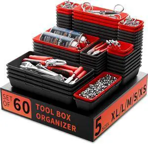 [60 PCS Upgraded] Tool Box Organizer Tray, Toolbox Desk Drawer Organizer, Tool Box Tray, Toolbox Organization Storage for Rolling Tool Chest (60 PCS) Black+Red