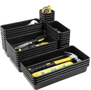 60PCS Tool Box Organizer Tray Divider, More Large Sizes-5 Sizes Desk Drawer Organizers Garage Tool Organizer and Storage, Black Plastic Tray Organizer Bins for Home Office Supplies and Tools