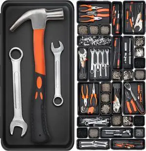 46 Pack 5-Sizes Large 12'' Tool Box Organizer Tray, Tool Box Organizers and Storage, for Hammer, Wrench, Screw, Small Parts Toolbox Organization, Tool Cart Chest Garage Drawer Organizer Tray, Black