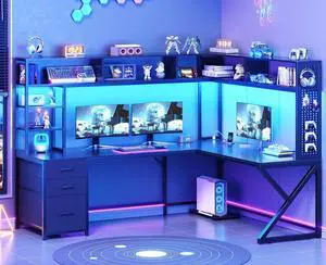 L Shaped Gaming Desk with Storage Shelves and Hutch, Convertible 94.5" Computer Desk with Drawers, Corner Computer Desk with Power Outlet, LED Lights, Pegboard for Home Office, Black