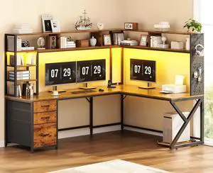 L Shaped Gaming Desk with Storage Shelves and Hutch, Convertible 94.5" Computer Desk with Drawers, Corner Computer Desk with Power Outlet, LED Lights, Pegboard for Home Office, Brown