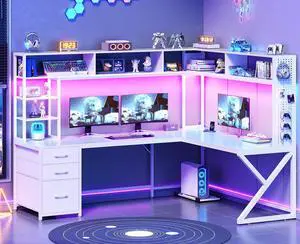 L Shaped Gaming Desk with Storage Shelves and Hutch, Convertible 94.5" Computer Desk with Drawers, Corner Computer Desk with Power Outlet, LED Lights, Pegboard for Home Office, White