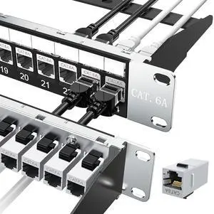 24 Port Shielded Patch Panel Rack or Wall Mount 19-Inch, 1U Cat6A Network Panel with 24 Preloaded Keystone Couplers + 1 Spare, 10Gbps Ethernet Panel with Cable Management & Back Bar