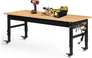 70" Adjustable Workbench on Wheels, 2000 LBS Heavy Duty Work Table with Power Outlets & Pegboard, Rubber Wood Workstation for Garage, Workshop, Office, Home, Commercial 70" Adjustable Workbench on Wheels, 2000 LBS Heavy Duty Work Table with Power Outlets & Pegboard, Rubber Wood Workstation for Garage, Workshop, Office, Home, Commercial