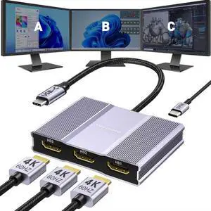 USB C to 3 HDMI Adapter with PD 100W, 4K@60Hz HDMI Splitter Extended Display 1 in 3 Out for Multi-Monitors, Compatible with Laptop,PC,USB-C Graphics Card - MACOS Not Support MST USB C to 3 HDMI Adapter with PD 100W, 4K@60Hz HDMI Splitter Extended Display 1 in 3 Out for Multi-Monitors, Compatible with Laptop,PC,USB-C Graphics Card - MACOS Not Support MST