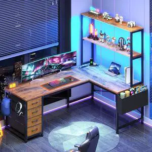 L Shaped Gaming Desk, 51.2" Reversible Small Corner Desk with 4 Drawer, Power Outlet & LED Lights, Home Office Desk with Storage Shelves for Small Space, Rustic Brown L Shaped Gaming Desk, 51.2" Reversible Small Corner Desk with 4 Drawer, Power Outlet & LED Lights, Home Office Desk with Storage Shelves for Small Space, Rustic Brown