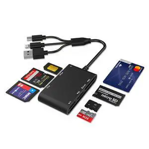 7-in-1 Smart Card Reader with 3-Port Connectivity Lightning/USB-C/USB-A Military CAC & PIV Card Reader, SD/TF/MS Pro Duo/M2/IC/SIM Adapter for Windows/macOS/Linux, Plug and Play 7-in-1 Smart Card Reader with 3-Port Connectivity Lightning/USB-C/USB-A Military CAC & PIV Card Reader, SD/TF/MS Pro Duo/M2/IC/SIM Adapter for Windows/macOS/Linux, Plug and Play