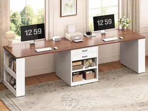 90.5" 2 Person Computer Desk with Drawers, Long Office Desk with Storage Shelves, Two Person Gaming Desk Writing Table for Home Office, White 90.5" 2 Person Computer Desk with Drawers, Long Office Desk with Storage Shelves, Two Person Gaming Desk Writing Table for Home Office, White