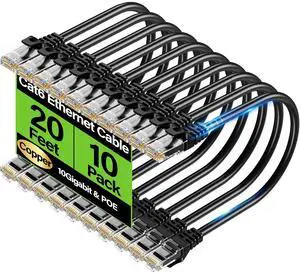 Cat6 Ethernet Cable 10Gbps 20 ft (10 Pack), UTP Ethernet Cable Cat 6, Flexible Bare Copper Cat6 Cable, Cat 6 Network Cable for Server, Data Center Cat6 Ethernet Cable 10Gbps 20 ft (10 Pack), UTP Ethernet Cable Cat 6, Flexible Bare Copper Cat6 Cable, Cat 6 Network Cable for Server, Data Center