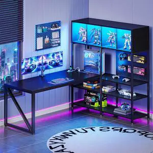 63" L Shaped Gaming Desk with Display Hutch and Large Desktop, Black | LED Lights, Power Outlets, PC Tower Display Shelf, Pegboard, Storage Shelves, Reversible Layout for Gaming and Home Office 63" L Shaped Gaming Desk with Display Hutch and Large Desktop, Black | LED Lights, Power Outlets, PC Tower Display Shelf, Pegboard, Storage Shelves, Reversible Layout for Gaming and Home Office