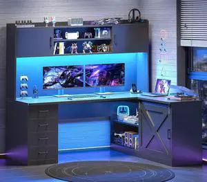 Farmhouse L Shaped Gaming Desk, 55 Corner Computer Desk with Storage Drawers and Hutch, Corner Gaming Desk with LED Light and Power Outlet for Home Office, Black Farmhouse L Shaped Gaming Desk, 55 Corner Computer Desk with Storage Drawers and Hutch, Corner Gaming Desk with LED Light and Power Outlet for Home Office, Black