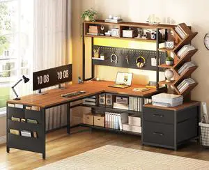 L Shaped Gaming Desk with Hutch, Convertible 97.6" Two Person Office Desk with Drawers and Bookshelf, Corner Computer Desk with Power Outlet, LED Lights, Black Brown L Shaped Gaming Desk with Hutch, Convertible 97.6" Two Person Office Desk with Drawers and Bookshelf, Corner Computer Desk with Power Outlet, LED Lights, Black Brown