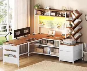L Shaped Gaming Desk with Hutch, Convertible 97.6" Two Person Office Desk with Drawers and Bookshelf, Corner Computer Desk with Power Outlet, LED Lights, White L Shaped Gaming Desk with Hutch, Convertible 97.6" Two Person Office Desk with Drawers and Bookshelf, Corner Computer Desk with Power Outlet, LED Lights, White