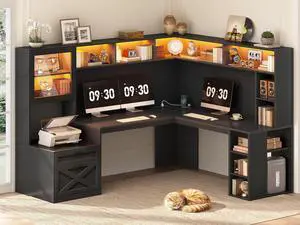 Farmhouse L Shaped Computer Desk with Double Hutch, Storage Drawers | 68" Large L Shaped Corner Gaming Desk with LED Lights, Shelves, Display Cabinet, Power Outlet for Home Office, Black Farmhouse L Shaped Computer Desk with Double Hutch, Storage Drawers | 68" Large L Shaped Corner Gaming Desk with LED Lights, Shelves, Display Cabinet, Power Outlet for Home Office, Black
