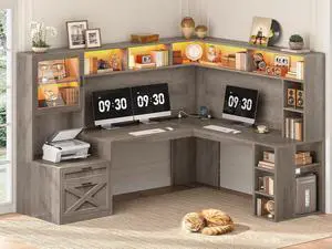 Farmhouse L Shaped Computer Desk with Double Hutch, Storage Drawers | 68" Large L Shaped Corner Gaming Desk with LED Lights, Shelves, Display Cabinet, Power Outlet for Home Office, Grey Farmhouse L Shaped Computer Desk with Double Hutch, Storage Drawers | 68" Large L Shaped Corner Gaming Desk with LED Lights, Shelves, Display Cabinet, Power Outlet for Home Office, Grey