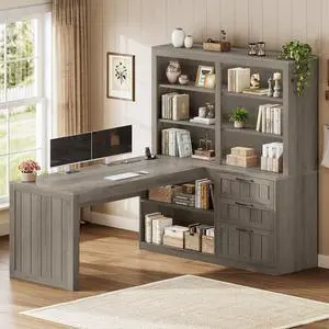 Farmhouse L Shaped Computer Desk, 59'' Wood Office Desk with 3 Drawers and 5-Tier Bookshelf, Corner Desk with Storage Shelves and Power Outlet for Home Office Small Space, Black + Grey Farmhouse L Shaped Computer Desk, 59'' Wood Office Desk with 3 Drawers and 5-Tier Bookshelf, Corner Desk with Storage Shelves and Power Outlet for Home Office Small Space, Black + Grey