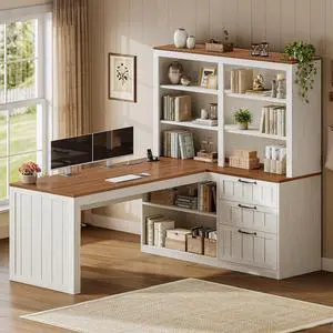 Farmhouse L Shaped Computer Desk, 59'' Wood Office Desk with 3 Drawers and 5-Tier Bookshelf, Corner Desk with Storage Shelves and Power Outlet for Home Office Small Space, White Farmhouse L Shaped Computer Desk, 59'' Wood Office Desk with 3 Drawers and 5-Tier Bookshelf, Corner Desk with Storage Shelves and Power Outlet for Home Office Small Space, White