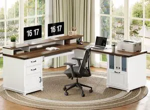 69" Executive L Shaped Desk with Drawer, Home Office Desk with Charging Station, Corner Computer Desk with Monitor Stand, File Drawer, Storage Cabinet, White 69" Executive L Shaped Desk with Drawer, Home Office Desk with Charging Station, Corner Computer Desk with Monitor Stand, File Drawer, Storage Cabinet, White
