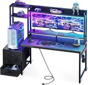 55 Inch Gaming Desk with Hutch & LED Lights & PC Tower Stand | Reversible PC Desk with 3 Fabric Drawers & Power Outlets, Computer Desk with Shelves for Display, Carbon Fiber Black 55 Inch Gaming Desk with Hutch & LED Lights & PC Tower Stand | Reversible PC Desk with 3 Fabric Drawers & Power Outlets, Computer Desk with Shelves for Display, Carbon Fiber Black