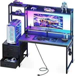 48 Inch Gaming Desk with Shelves & Hutch & 3 Drawers & LED Light | Reversible PC Desk with Tower Stand & Power Outlets, Computer Desk for Home Office, Carbon Fiber Black 48 Inch Gaming Desk with Shelves & Hutch & 3 Drawers & LED Light | Reversible PC Desk with Tower Stand & Power Outlets, Computer Desk for Home Office, Carbon Fiber Black