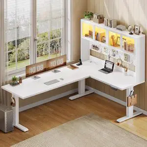 67" Standing L Shaped Gaming Desk, Office Computer Desk with Storage Hutch, Stand Up Corner Desk with Pegboard & Led Lights for Home Office, White 67" Standing L Shaped Gaming Desk, Office Computer Desk with Storage Hutch, Stand Up Corner Desk with Pegboard & Led Lights for Home Office, White