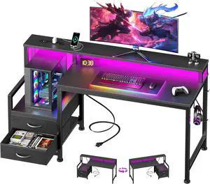 47" Gaming Desk with LED Lights & USB-C Port, Carbon Fiber Black | Reversible Computer Desk with 2 Fabric Drawers & Monitor Shelf, Storage Shelves, Hooks for Gaming Working Studying Dorm Table 47" Gaming Desk with LED Lights & USB-C Port, Carbon Fiber Black | Reversible Computer Desk with 2 Fabric Drawers & Monitor Shelf, Storage Shelves, Hooks for Gaming Working Studying Dorm Table