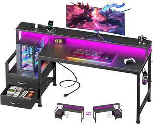 55" Gaming Desk with LED Lights & USB-C Port, Carbon Fiber Black | Reversible Large Computer Desk with 2 Fabric Drawers & Monitor Shelf, Storage Shelves, Hooks for Gamer Working Office Table 55" Gaming Desk with LED Lights & USB-C Port, Carbon Fiber Black | Reversible Large Computer Desk with 2 Fabric Drawers & Monitor Shelf, Storage Shelves, Hooks for Gamer Working Office Table