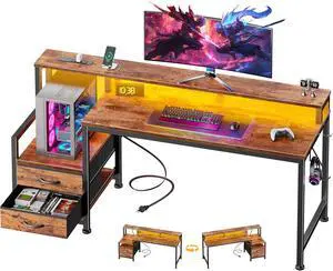 55" Gaming Desk with LED Lights & 2 Fabric Drawers, Rustic Brown | Reversible Large Computer Office Desk with Power Outlet & Monitor Shelf, Storage Shelves, Hook for Gamer Working Office Table 55" Gaming Desk with LED Lights & 2 Fabric Drawers, Rustic Brown | Reversible Large Computer Office Desk with Power Outlet & Monitor Shelf, Storage Shelves, Hook for Gamer Working Office Table