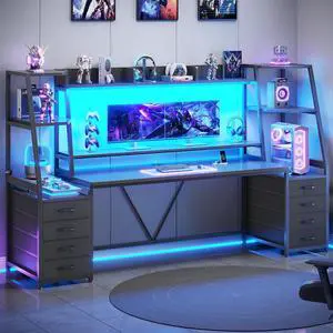 78.7" Gaming Desk with LED Lights, 8 Drawers and Storage Shelves, Black | Computer Desk with Monitor Stand, Hutch, Large PC Gamer Desk Workstation, Ergonomic Gaming Table for Bedroom, Living Room 78.7" Gaming Desk with LED Lights, 8 Drawers and Storage Shelves, Black | Computer Desk with Monitor Stand, Hutch, Large PC Gamer Desk Workstation, Ergonomic Gaming Table for Bedroom, Living Room