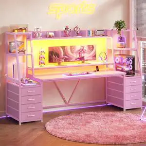 78.7" Gaming Desk with LED Lights, 8 Drawers and Storage Shelves, Pink | Computer Desk with Monitor Stand, Hutch, Large PC Gamer Desk Workstation, Ergonomic Gaming Table for Bedroom, Living Room 78.7" Gaming Desk with LED Lights, 8 Drawers and Storage Shelves, Pink | Computer Desk with Monitor Stand, Hutch, Large PC Gamer Desk Workstation, Ergonomic Gaming Table for Bedroom, Living Room