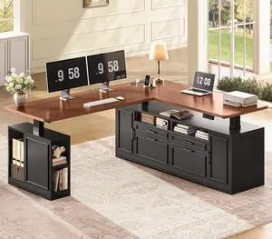 Farmhouse L Shaped Executive Electric Standing Desk with 4 Drawers | 69" x 55" Height Adjustable Office Desk with Storage Shelves, Power Outlet, Sit Stand Computer Desk, Black and Brown Farmhouse L Shaped Executive Electric Standing Desk with 4 Drawers | 69" x 55" Height Adjustable Office Desk with Storage Shelves, Power Outlet, Sit Stand Computer Desk, Black and Brown