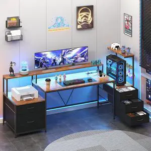 63" Gaming Desk with Drawers, Storage Shelves and Printer Stand, Computer Desk with Monitor Stand and LED Lights, Reversible Home Office Desk with Printer Shelf, Rustic Brown 63" Gaming Desk with Drawers, Storage Shelves and Printer Stand, Computer Desk with Monitor Stand and LED Lights, Reversible Home Office Desk with Printer Shelf, Rustic Brown