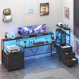 63" Gaming Desk with Drawers, Storage Shelves and Printer Stand, Computer Desk with Monitor Stand and LED Lights, Reversible Home Office Desk with Printer Shelf, Black 63" Gaming Desk with Drawers, Storage Shelves and Printer Stand, Computer Desk with Monitor Stand and LED Lights, Reversible Home Office Desk with Printer Shelf, Black