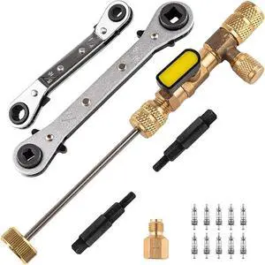 Valve Core Remover Installer Tool and HVAC Service Wrench Set with Hex Bit Adapters, Dual Size SAE 1/4 to 5/16 Port, 5/16'', 3/8'' Refrigeration Service Wrench, 10 Valve Core Valve Core Remover Installer Tool and HVAC Service Wrench Set with Hex Bit Adapters, Dual Size SAE 1/4 to 5/16 Port, 5/16'', 3/8'' Refrigeration Service Wrench, 10 Valve Core