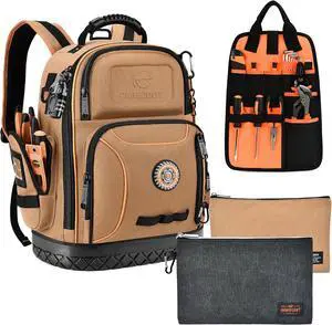 Tool Bag Backpack with 2 Canvas Tool Pouch Tool Kit, 75 Pockets & Loops Heavy Duty Tools Organizer/HVAC Tool Carrier for Eelectrician/Construction Work with Molded Base and Combination Lock, Brown Tool Bag Backpack with 2 Canvas Tool Pouch Tool Kit, 75 Pockets & Loops Heavy Duty Tools Organizer/HVAC Tool Carrier for Eelectrician/Construction Work with Molded Base and Combination Lock, Brown