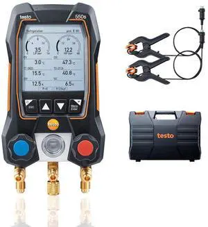 testo 550s AC Manifold Gauge Set Manifold Gauges HVAC Incl. 2 Wired Temperature Clamp Probes Recharge Kit with Superheat, Subcooling For AC, Refrigeration & Heat Pumps Bluetooth testo 550s AC Manifold Gauge Set Manifold Gauges HVAC Incl. 2 Wired Temperature Clamp Probes Recharge Kit with Superheat, Subcooling For AC, Refrigeration & Heat Pumps Bluetooth