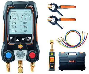 Testo 550s AC Manifold Gauge Set Manifold Gauges HVAC Incl. 2x 115i Pipe Clamp, 1x 552i Micron Gauge, Set of 3 Hoses Recharge Kit For AC, Refrigeration & Heat Pumps Bluetooth Testo 550s AC Manifold Gauge Set Manifold Gauges HVAC Incl. 2x 115i Pipe Clamp, 1x 552i Micron Gauge, Set of 3 Hoses Recharge Kit For AC, Refrigeration & Heat Pumps Bluetooth