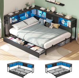 Full Corner Bed Frame with Storage Drawers and Bookcase Headboard, Full Size Metal Platform Corner Bed Frame with Charging Station and LED Lights, Full Daybed for Kids Teens Guests, Black Full Corner Bed Frame with Storage Drawers and Bookcase Headboard, Full Size Metal Platform Corner Bed Frame with Charging Station and LED Lights, Full Daybed for Kids Teens Guests, Black
