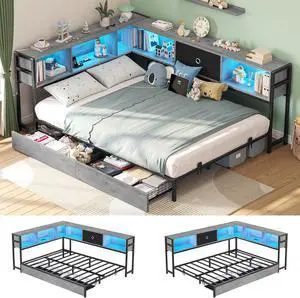 Full Corner Bed Frame with Storage Drawers and Bookcase Headboard, Full Size Metal Platform Corner Bed Frame with Charging Station and LED Lights, Full Daybed for Kids Teens Guests,Black gray Full Corner Bed Frame with Storage Drawers and Bookcase Headboard, Full Size Metal Platform Corner Bed Frame with Charging Station and LED Lights, Full Daybed for Kids Teens Guests,Black gray