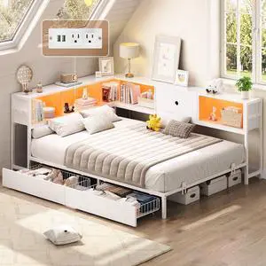 Corner Full Bed Frame with Storage Drawers and Bookcase Headboard, Full Size Metal Platform Corner Bed Frame with Charging Station and LED Lights, Full Daybed for Kids Teens Guests, White Corner Full Bed Frame with Storage Drawers and Bookcase Headboard, Full Size Metal Platform Corner Bed Frame with Charging Station and LED Lights, Full Daybed for Kids Teens Guests, White