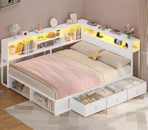 Corner Bed Frame Full Size with Bookcase Storage & Headboard White | RGB Lights, Charging Station, Metal Daybed with 3 Drawers & 2 Open Cubbies, No Box Spring Needed, for Teens, Small Space,WHITE Corner Bed Frame Full Size with Bookcase Storage & Headboard White | RGB Lights, Charging Station, Metal Daybed with 3 Drawers & 2 Open Cubbies, No Box Spring Needed, for Teens, Small Space,WHITE