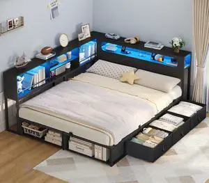 Corner Bed Frame Full Size with Storage Bookcase &Headboard, Black | Power Outlet, RGB Lights, Metal Daybed with 3 Drawers & 2 Open Cubbies, for Teens, No Box Spring Needed, Small Space,Black Corner Bed Frame Full Size with Storage Bookcase &Headboard, Black | Power Outlet, RGB Lights, Metal Daybed with 3 Drawers & 2 Open Cubbies, for Teens, No Box Spring Needed, Small Space,Black