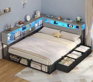 Corner Bed Frame Full Size with Bookcase Storage & Headboard, Grey | RGB Lights, Charging Station, Metal Daybed with 3 Drawers & 2 Open Cubbies, No Box Spring Needed, for Teens, Small Space,Black&oak Corner Bed Frame Full Size with Bookcase Storage & Headboard, Grey | RGB Lights, Charging Station, Metal Daybed with 3 Drawers & 2 Open Cubbies, No Box Spring Needed, for Teens, Small Space,Black&oak