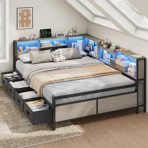 Full Size Corner Bed Frame with LED Lights, Charging Station & 8-Bookcase Headboard, Metal Platform Corner Bed with 4 Storage Drawers, Full Daybed for Kids Teens Guests, Gray Full Size Corner Bed Frame with LED Lights, Charging Station & 8-Bookcase Headboard, Metal Platform Corner Bed with 4 Storage Drawers, Full Daybed for Kids Teens Guests, Gray