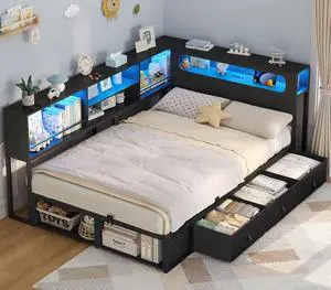 Twin Corner Bed Frame with Storage Bookcase & Headboard, Black | Charging Station, RGB Lights, Metal Daybed with 3 Drawers & 2 Open Cubbies, No Box Spring Needed, for Kids Small Bedrooms,Black Twin Corner Bed Frame with Storage Bookcase & Headboard, Black | Charging Station, RGB Lights, Metal Daybed with 3 Drawers & 2 Open Cubbies, No Box Spring Needed, for Kids Small Bedrooms,Black