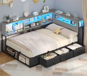 Twin Corner Bed Frame with Bookcase Storage & Headboard, Grey | Charging Station, RGB Lights, Metal Daybed with 3 Drawers & 2 Open Cubbies, No Box Spring Needed, for Small Bedrooms,Black&oak Grey Twin Corner Bed Frame with Bookcase Storage & Headboard, Grey | Charging Station, RGB Lights, Metal Daybed with 3 Drawers & 2 Open Cubbies, No Box Spring Needed, for Small Bedrooms,Black&oak Grey