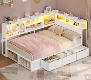 Twin Corner Bed Frame with Bookcase Storage & LED Headboard, White | Charging Station, RGB Lights, Metal Daybed with 3 Drawers & 2 Open Cubbies, No Box Spring Needed, for Small Bedrooms,,White Twin Corner Bed Frame with Bookcase Storage & LED Headboard, White | Charging Station, RGB Lights, Metal Daybed with 3 Drawers & 2 Open Cubbies, No Box Spring Needed, for Small Bedrooms,,White