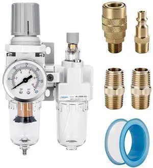 1/4" NPT Air Filter Regulator Lubricator Combo, Water Separator,5-micron brass filter, 0-150 psi gauge, poly bowl, semi-auto drain, 18 SCFM, helps protect tools from moisture and debris 1/4" NPT Air Filter Regulator Lubricator Combo, Water Separator,5-micron brass filter, 0-150 psi gauge, poly bowl, semi-auto drain, 18 SCFM, helps protect tools from moisture and debris