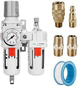 1/2" NPT Air Filter Regulator Lubricator Combo, Water Separator,5-micron brass filter, 0-150 psi gauge, poly bowl, semi-auto drain, 60 SCFM, helps protect tools from moisture and debris. 1/2" NPT Air Filter Regulator Lubricator Combo, Water Separator,5-micron brass filter, 0-150 psi gauge, poly bowl, semi-auto drain, 60 SCFM, helps protect tools from moisture and debris.